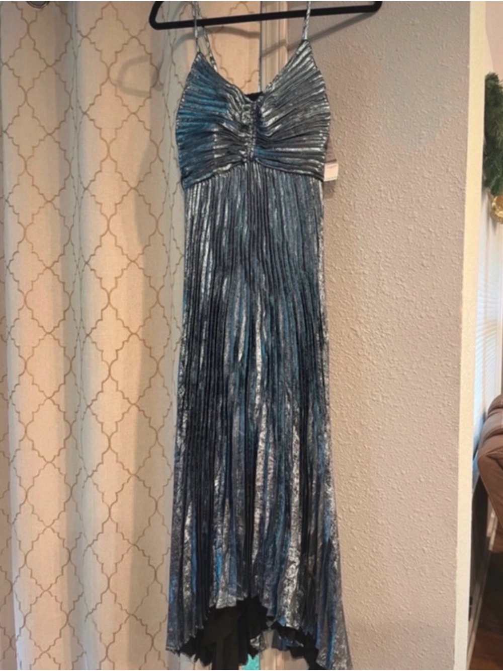 White House Black Market Blue Metallic Pleated High-Low Maxi Dress